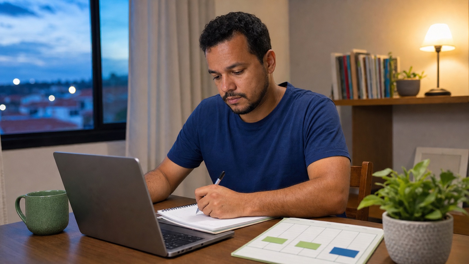 Estudante adulta organizando a rotina de estudos online em casa