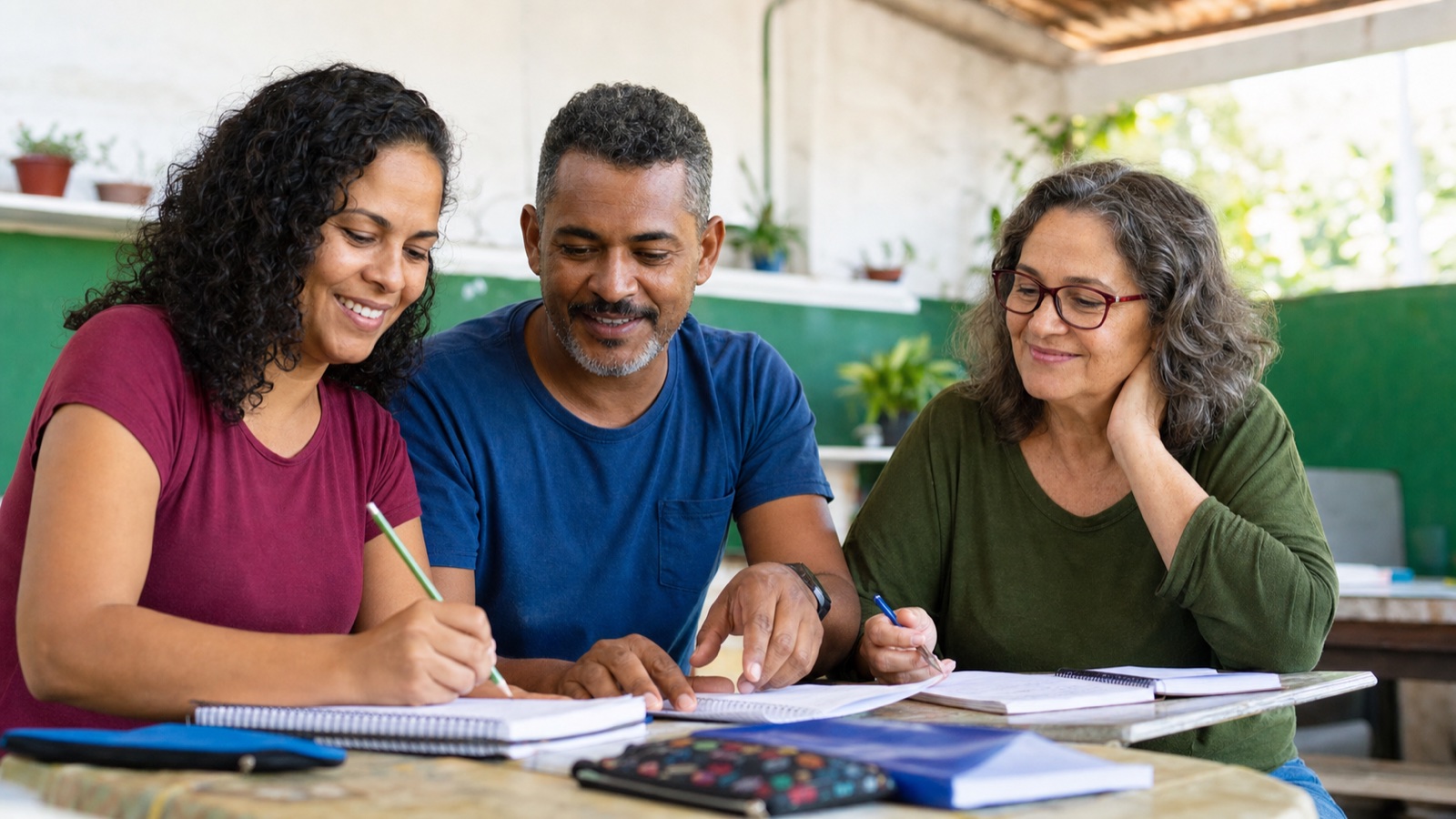 Adultos de diferentes idades retomando os estudos juntos